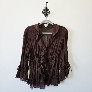 Vintage Y2K Ruffle Lace Blouse Size L Bow Detail V Neck